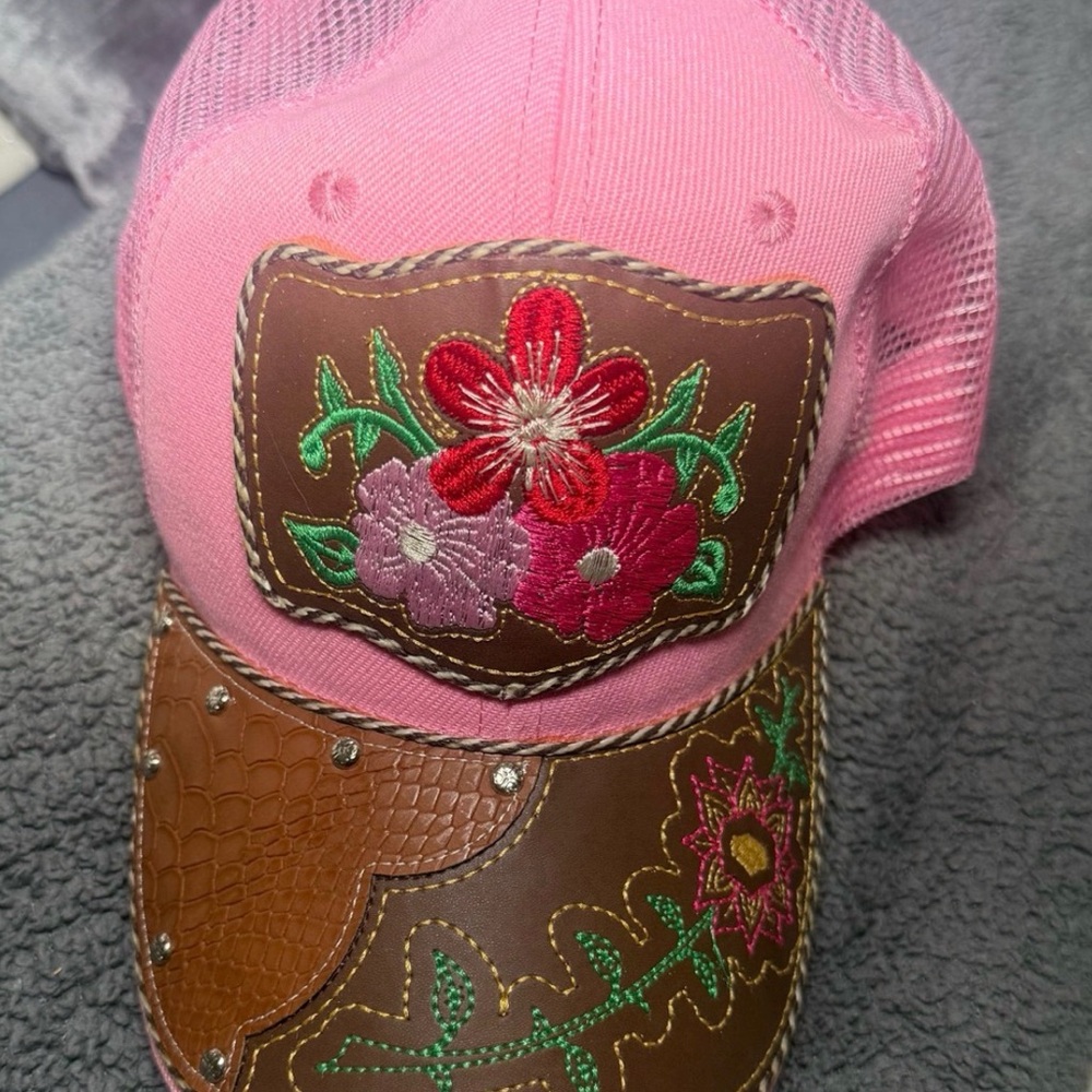 Pink and Brown Floral Embroidered Cap
